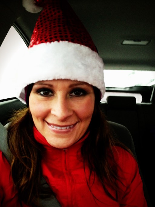 A santa hat is perfect for hiding your stocking hat!